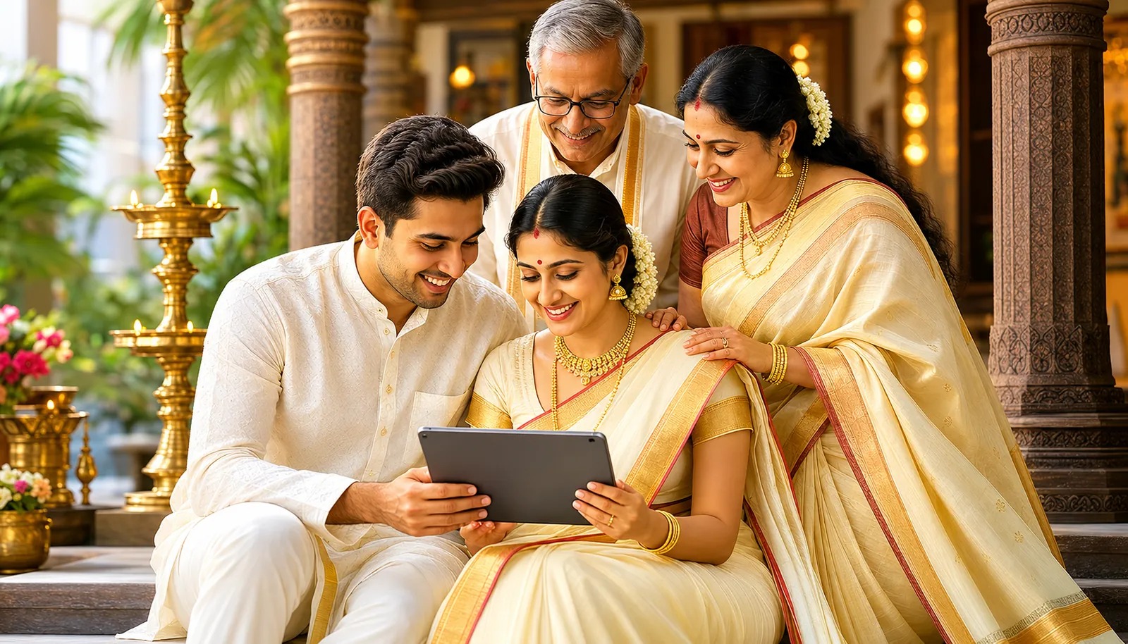 Brahmin family reviewing Smartha, Madhwa, and Sri Vaishnava (Iyengar) matrimony profiles together on a tablet — gothra and horoscope aware matches across India and abroad